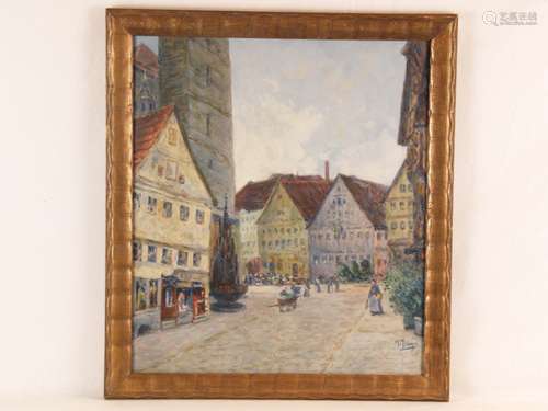 Münzer, Margarete (1870 Berlin - ?, um 1920 in Groß-Lichterfelde ansässig)- Marktplatz mit<br />Kirchturm und Brunnen, Aquarell/Gouache auf Papier, unten rechts signiert 