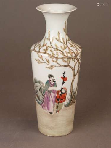 Small vase - China 20th century, porcelain with polychrome enamel painting, all around<br />stylized landscape with scholars and servants boys, inscription on the reverse in Chinese calligraphy, in the bottom red mark ''Tao Tao Zhai'' (studio stamp of Wang Qi (1884-1937), H.ca.25cm