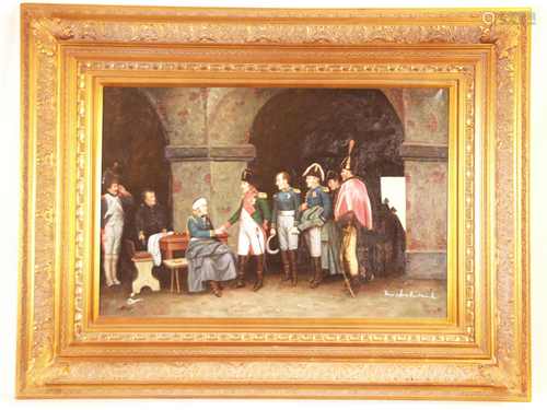 History painter - 20th century - ''Napoleon Bonaparte Visits Wounded'', oil on canvas,<br />indistinctly signed lower right, ca.61x91xm, opulent gilded, multiply profiled solid framing with acanthus leaf decor, ca.103x132cm