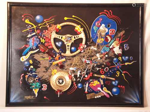 Micmac (Bea Schröder, contemporary artist in Düsseldorf) - 3D collage, mixed media on<br />canvas, including acrylic paint, collage with various objects: hand tools, steering wheel, colorful pencils, knight figure, wristwatch, etc., signed lower left, ca.114x148 framed