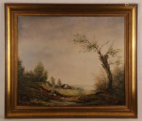 Unbekannt - Weitläufige Landschaft mit kleinem Anwesen, Öl auf Leinwand, pastoser<br />Farbauftrag, unten links undeutlich signiert, ca.49x59cm, gerahmt