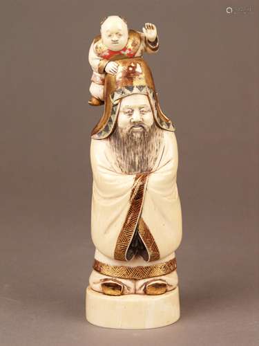 Okimono ''Fukurokuju with Karako'' - Japan / China, after 1910, complete representation of<br />the immortal Fukurokuju (god of luck, wisdom and long life), on his head a Karako boy with greeting gesture, ivory (hollow) carved, engraved , partly colored, decorated with gold lacquer, partially rubbed, oval lock part removed from the bottom, h. ca.20 cm, weight ca.480g