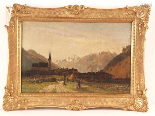 Bayer, Julius (Mödling 1840-1883 Vienna) - Alpine landscape with a view of Rauris in<br />Salzburg area, oil on canvas, signed lower left 'J. Bayer Rauris ...', partly unreadable, ca.25x38cm, cracked paint layer, slightly darkened, in golden stucco frame with rocaille decor (one corner bumped)