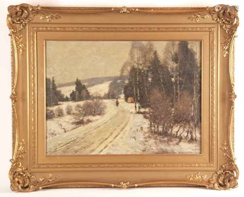 Hermanns, Heinrich (Dusseldorf 1862 - 1942 ibid.) - winter landscape, oil on canvas,<br />signed lower right ''Heinrich Hermanns'', snowy edge of the forest with figure on the way, darkened, ca.44.5x60.5, in opulent gilded stucco frame with rocaille decor