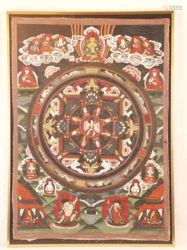 Mandala Thangka - Tibet/Nepal 19th/20th century, distemper on cloth, depicting a tantric<br />multi-armed and many-headed Yidam deity in yab-yum with the female counterpart at the middle, holding scull cups in his hands, surrounded by a ring featuring eight Buddhas who are allowed to contemplate the sanctum due to them walking the path of enlightenment, four fierce Yama demons with skull crowns clinging to the innermost double area, placed in front of the ornately designed four entrances to the center of the mandala, numerous deities of the Tibetan Buddhist pantheon such as other Buddha, Lama and Arhat figures populate the space around the mandala, mostly floating over green hills, in the apex Buddha Shakyamuni, performing the dharmachakra mudra, margins uneven, about 67x47,5cm, partly some wear, framed under glass