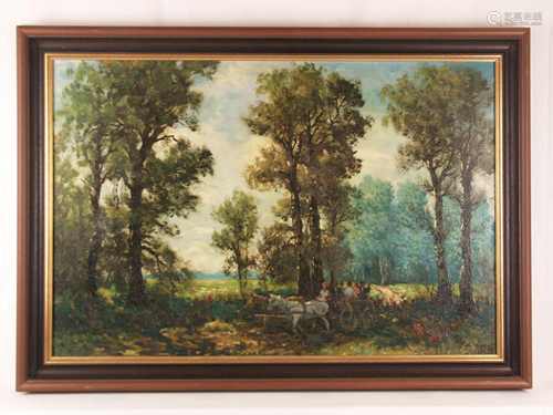 Russischer Künstler -20.Jh.- Fröhliche Ausfahrt mit der Pferdekutsche im Birkenwald, Öl<br />auf Leinwand, unten rechts undeutlich signiert, ca.61x89cm, Rahmung