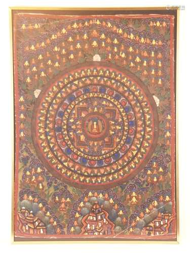 Mandala Thangka - Tibet / Nepal, 19th / 20th century, meditation painting, distemper on<br />cloth, in the center of the mandala appears Amitabha, the Buddha of the limitless light on a lotus base, his hands resting in the meditation gesture (dhyani-mudra) in his lap, surrounded by other Buddhas, saints and devotees, partly arranged in circle segments, as well as floating over lush green landscape, in the lower part temple and stupa depictions, approx. 67x47,5cm, partly creases, slightly worn, framed under glass