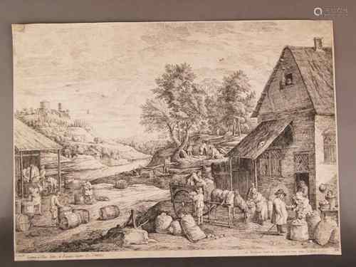 Teniers,David II (1610 Antwerpen - 1690 Brüssel, nach) - Dörfliche Szenerie mit Obstmarkt<br />am Wirtshaus sowie Küferwerkstatt, Kupferradierung, in der Platte bezeichnet 