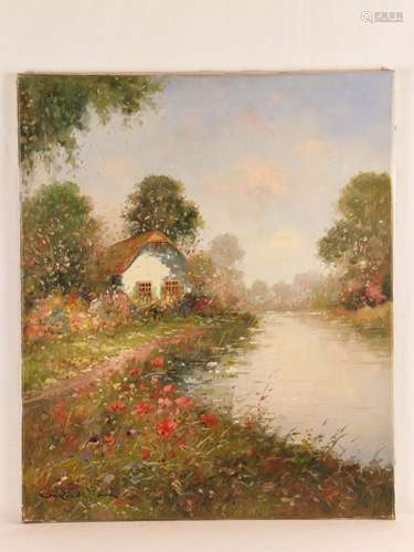 De Haan, Rob (Robert, geb. 1943) - Sommerlandschaft mit Haus am Fluss, Öl auf Leinwand,<br />unten links signiert 