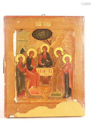 Icon - Central Russia 1st half of the 19th century, egg tempera on chalk ground, kovcheg,<br />Old Believer (Russian: starovéry/staroobryádtsy) icon of the Trinity - for the Eastern Church a typical representation of the three angels with Abraham and Sara in Hain Mamre, all figures with circular gold ground nymphs, Church Slavonic Titulus '' Holy Trinity '', restored at the bottom, with abrasion, image area with color chips, made of three wooden boards with backside cross bar, ca.22,4x18cm, enclosed a copy of the expert opinion of the Icon Museum  in Autenried Castle near Günzburg / Donau (cut)