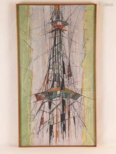 Rudolph, Paul - Broadcasting Tower, oil on pressed wood panel, 1961, signed lower right,<br />verso inscribed ''12 / IX / Sendeturm / Paul Rudoph / 1961'', sticker with handwritten dedication in German and with signature of the artist, ca.74x40cm, framed