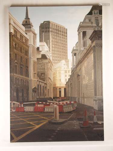 Bach, Michael (1953 Sehma / Ore Mountains, studied at the KA Düsseldorf, master student of<br />Gerhard Richter) - ''Gold'', 1994, oil on canvas, verso signed, dated and titled, urban landscape with skyscrapers, ca.130.5x90cm, unframed