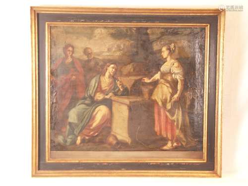 Italian Old Master - 18th century - Jesus and the Samaritan woman at the well, oil on<br />canvas, depicting a biblical scene from the Gospel of John (John 4), in which Jesus meets a local at the Jacob's well near Sichar in Samaria and converts them together with the village community to Christianity, in the left middle two astonished-looking disciples, in the background urban silhouette on a rocky hill in sfumato technique, canvas relined, paint layer covered with net-like craquelure, color chips in places, lower edge covered with strip, further edges with traces of old framing, ca.61x75cm, framing