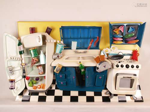 American artist (20th century) - ''Kitchen interior'', three-dimensional wall object,<br />plastic material/ wood, indistinctly signed in lower right, painted, kitchen equipment with sink, refrigerator and stove, HxWxD: ca.64x102x22cm