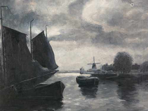 Holländischer Maler -20.Jh.- Fischerhafen mit ankernden Booten und Windmühle im rechten<br />Hintergrund, monochrome Ölmalerei auf Leinwand, ca. 43x62cm, schwarze Rahmung mit vergoldeter Zierleiste ca.58,5x76cm