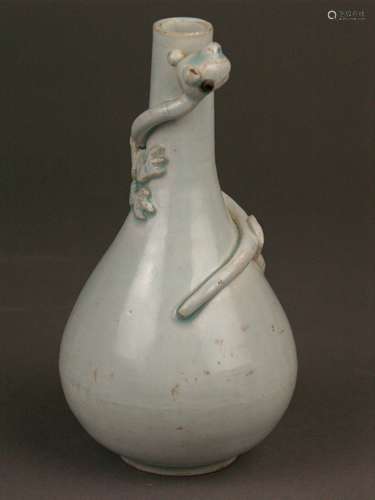 Small plug vase - China, porcelain with Qingbai glaze, applied on the neck narrow dragon<br />figure, base unglazed, H.ca.18cm