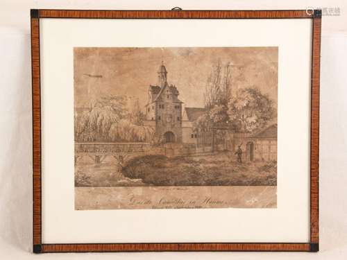 Das alte Canalthor in Hanau.Erbaut 1617 abgebrochen 1829 - Ansicht des Kanaltores von<br />Südwesten, bez. Lith. von C.W.Woerishoffer, um 1830,ca.18,5x23cm, Altersspuren, zeitbedingt gedunkelt, leichte Knickspuren, minimale Einrisse an Rändern unten rechts, unter Glas gerahmt, authentische Rahmenleiste