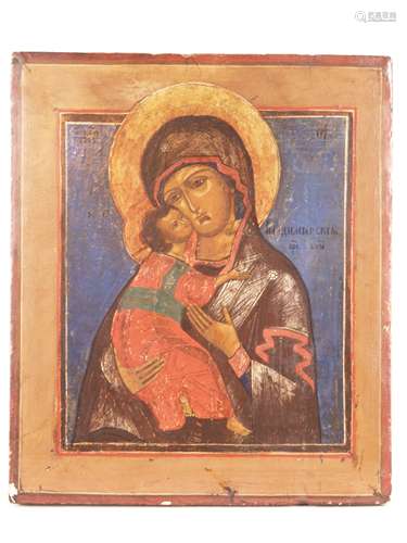 Icon - Russia, mid-19th century, egg tempera on silver ground above levkas, partly<br />gold-glazed, icon of the Virgin of Vladimir (Vladimirskaya), flat kovcheg, representation of Mary carrying the child on the right arm, slight traces of age, sponki, small retouching, edges slightly bumped, right edge with loss of pigment, approx. 31x26.5 cm, enclosed  copy of a handwritten report by Franz Lessner, formerly Dorotheum Vienna