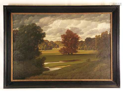 Rudolph-Breslau,H.(Hamburger Maler, tätig 1. Hälfte 20.Jh.)- Weitläufige spätsommerliche<br />Parklandschaft mit Bachlauf, Öl auf Leinwand, rechts unten signiert und verortet 