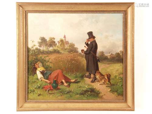 Van der Venne, Adolph (1828-1911, in the style of) - ''The observed slumber'',  young<br />peasant woman in country clothes sleeping at the edge of the field, in front of her a stout, tobacco-snuffing citizen with a frock coat and top hat looking at her, oil on canvas, signed lower left ''A.van der Venne'', oil on canvas, ca.48x53cm, framed