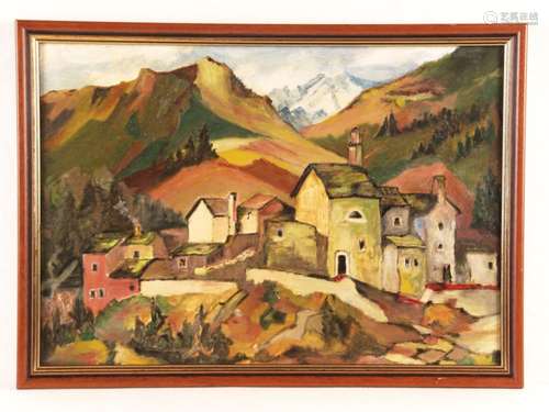 Anonym - Blick auf eine Stadt vor Bergkulisse, Öl auf Faserplatte, warme Farbpalette,<br />unsigniert, ca.35x49cm, gerahmt