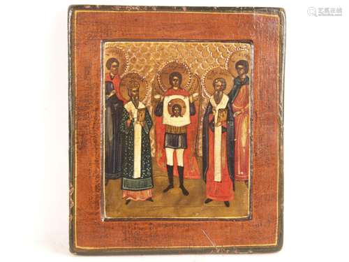 Small icon - Russia 18th / 19th century, egg tempera on chalk ground, kovcheg, icon with<br />five saints: St.Florus, St.Modest, the Archangel Michael with the Mandylion, the Church Father Basilius and the St.Laurus, hallmarked goldgrund, Church Slavonic Tituli, ca.18x16cm, edges with small bumps and scratches, enclosed a copy of a handwritten report by Franz Lessner, formerly Dorotheum Vienna