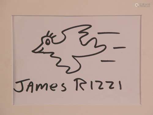 Rizzi, James (1950-New York-2011, US-amerikanischer Künstler und Maler der Pop Art) -<br />Vogel, Filzstift auf weißem Papier, mit typischer Signatur des Künstlers, mit Passepartout unter Glas gerahmt, PP-Ausschnitt ca.10x14,5cm, Rahmen ca.34x37cm