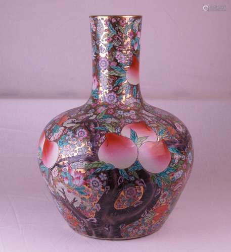 Large Nine Peaches vase - China, 20th century, Tian Qiu Ping, porcelain, polychromatic<br />enamel decoration with fruit-bearing peach branches (daoistic lucky symbol of the nine peaches) surrounded by various lush flowering plants, Goldfond, H.ca.52cm, red trademark ''Jingdezhen Zhi''