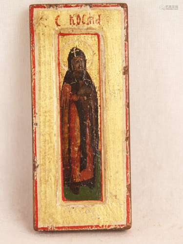 Ikone/Reiseikone - Russland 18./19.Jh., Eitempera auf Kreide-und Goldgrund, Kowtscheg,<br />Hl.Kosmas in Vollfigur, kirchenslawischer Titulus, ca.9x4cm, teils leichter Farbabrieb, Kopie eines handschriftlichen Gutachtens von Franz Lessner, ehemals Dorotheum Wien, liegt bei