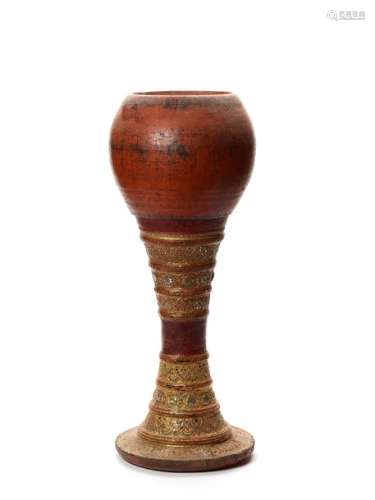 A HUGE BURMESE MANDALAY STYLE LACQUERED WOOD VESSEL, 19…