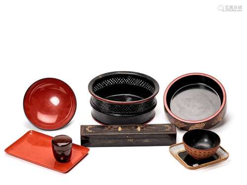 A GROUP OF EIGHT ASIAN LACQUER OBJECTS, 1900 1920