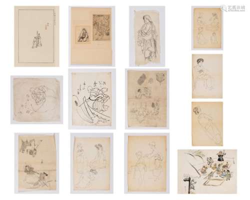 13 JAPANESE DRAWINGS, 19th 20th CENTURY