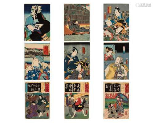 NINE JAPANESE COLOR WOODBLOCK PRINTS, 19TH CENTURY