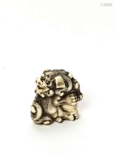 AN IVORY NETSUKE OF A SHISHI WITH A BALL, 18TH TO EARLY…