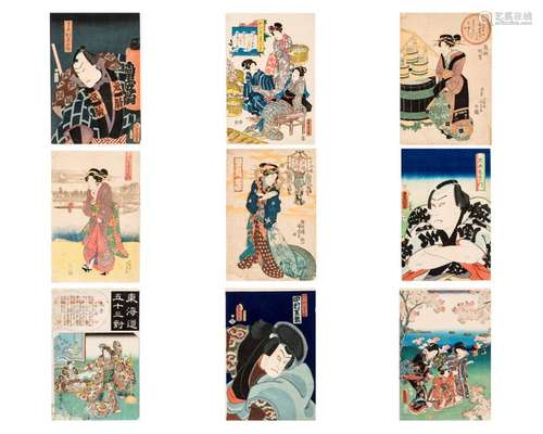 NINE JAPANESE COLOR WOODBLOCK PRINTS, 19TH CENTURY