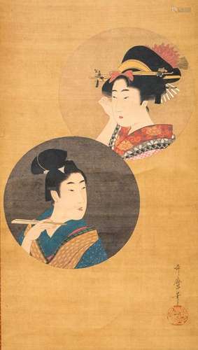 A JAPANESE SCROLL WITH A WOODBLOCK PRINT 19TH CENTURY