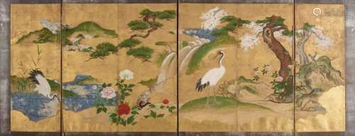A KANO SCHOOL FOUR PANEL STANDING SCREEN WITH BIRDS AND…