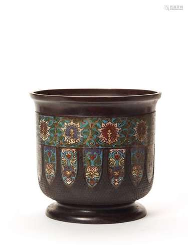 A JAPANESE CHAMPLEVÉ BRONZE FLOWER POT WITH CLOISONNÉ, …