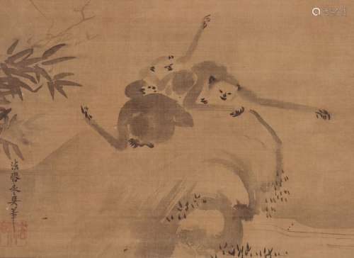 A SUMI E DEPICTING GIBBONS BY KANO EISHIN YASUNOBU (161…