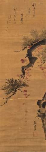 JAPANESE SCROLL PAINTING WITH A PINE TREE 19TH CENTURY