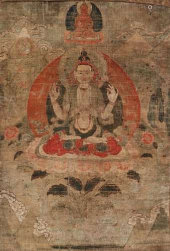 AN 18TH CENTURY THANGKA DEPICTING AVALOKITESHVARA SHADA…