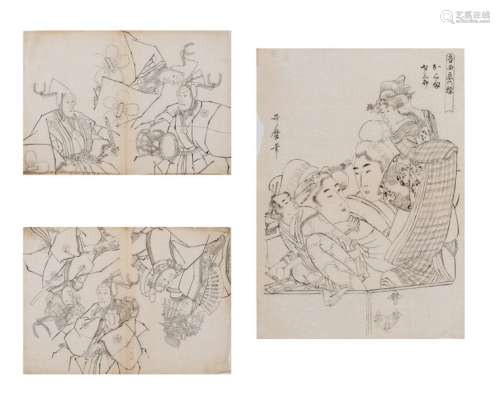 THREE JAPANESE DRAWINGS OF SAMURAI AND BIJIN, 19TH CENT…