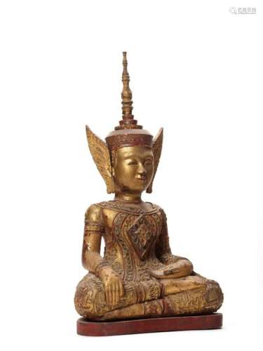 A BURMESE MANDALAY STYLE LACQUER GILT WOOD FIGURE OF A …