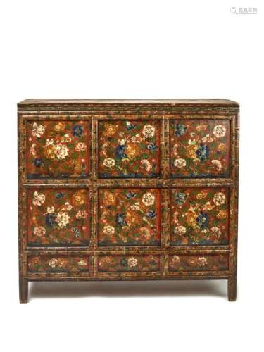 A RARE AND LARGE TIBETAN LACQUERED HARDWOOD CABINET, 19…