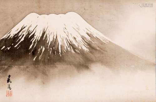 JAPANESE SCROLL PAINTING WITH MOUNT FUJI 19th CENTURY