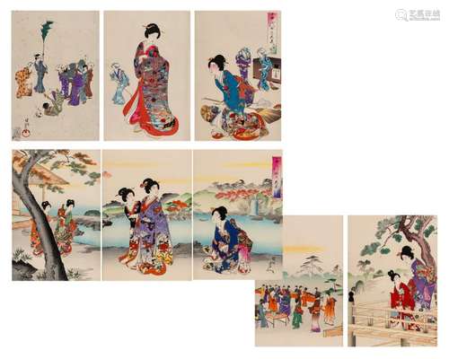 EIGHT JAPANESE COLOR WOODBLOCK PRINTS, TWO TRYPTICHS AN…