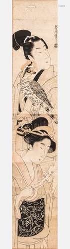 JAPANESE SCROLL WITH A WOODBLOCK PRINT 19TH CENTURY