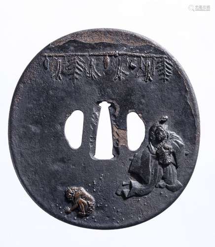 A LARGE IRON TSUBA WITH INLAYS DEPICTING ONI YARAI