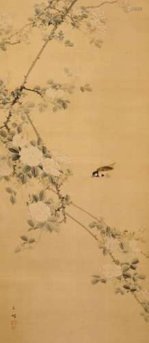 JAPANESE SCROLL PAINTING WITH CHERRY BLOSSOMS AND SUZUM…