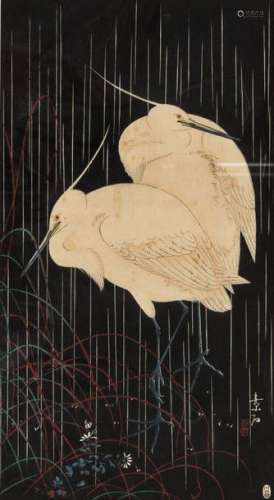 OHARA SHOSON (1877 1945) – TWO HERONS IN THE RAIN